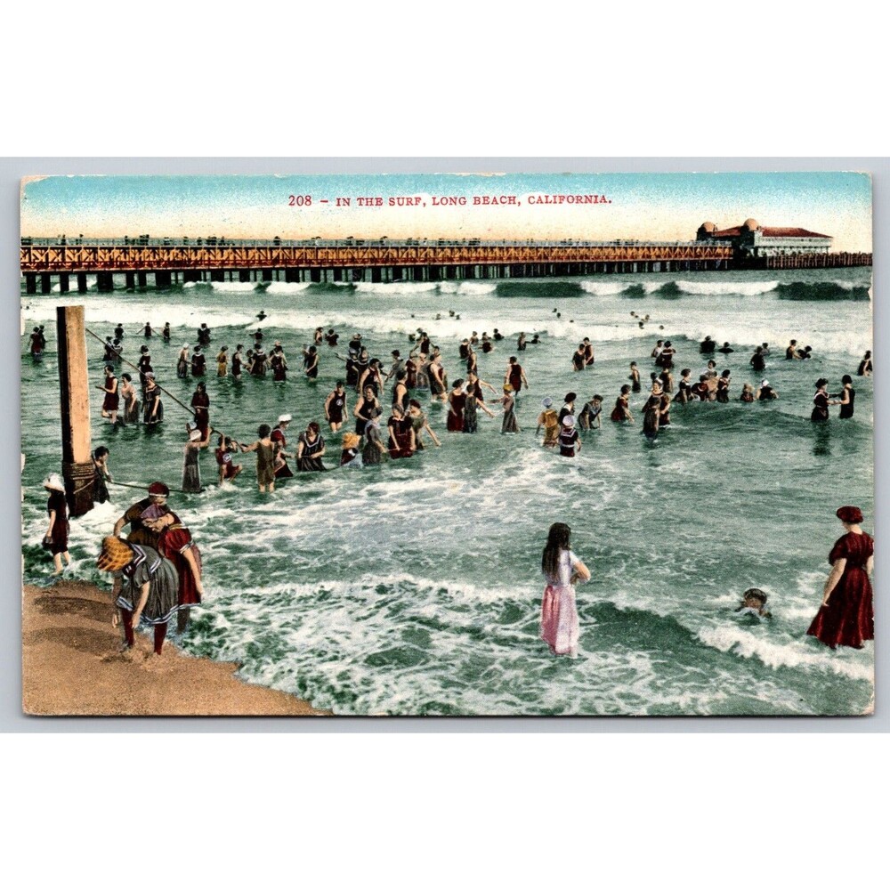 Vintage Postcard Long Beach CA In The Surf Swimmers Pier Edw H Mitchell 208